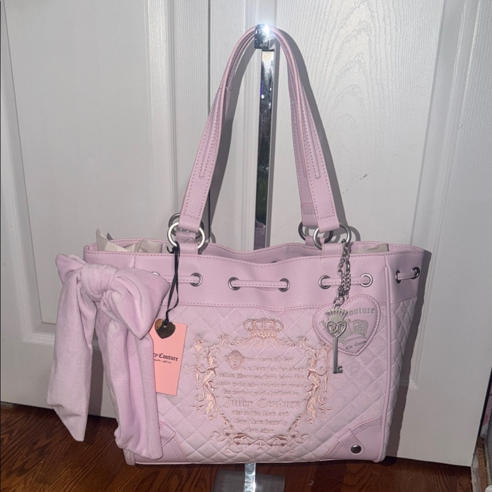 Juicy Couture Light Pink Quilted Tote with Bow and Key Charm